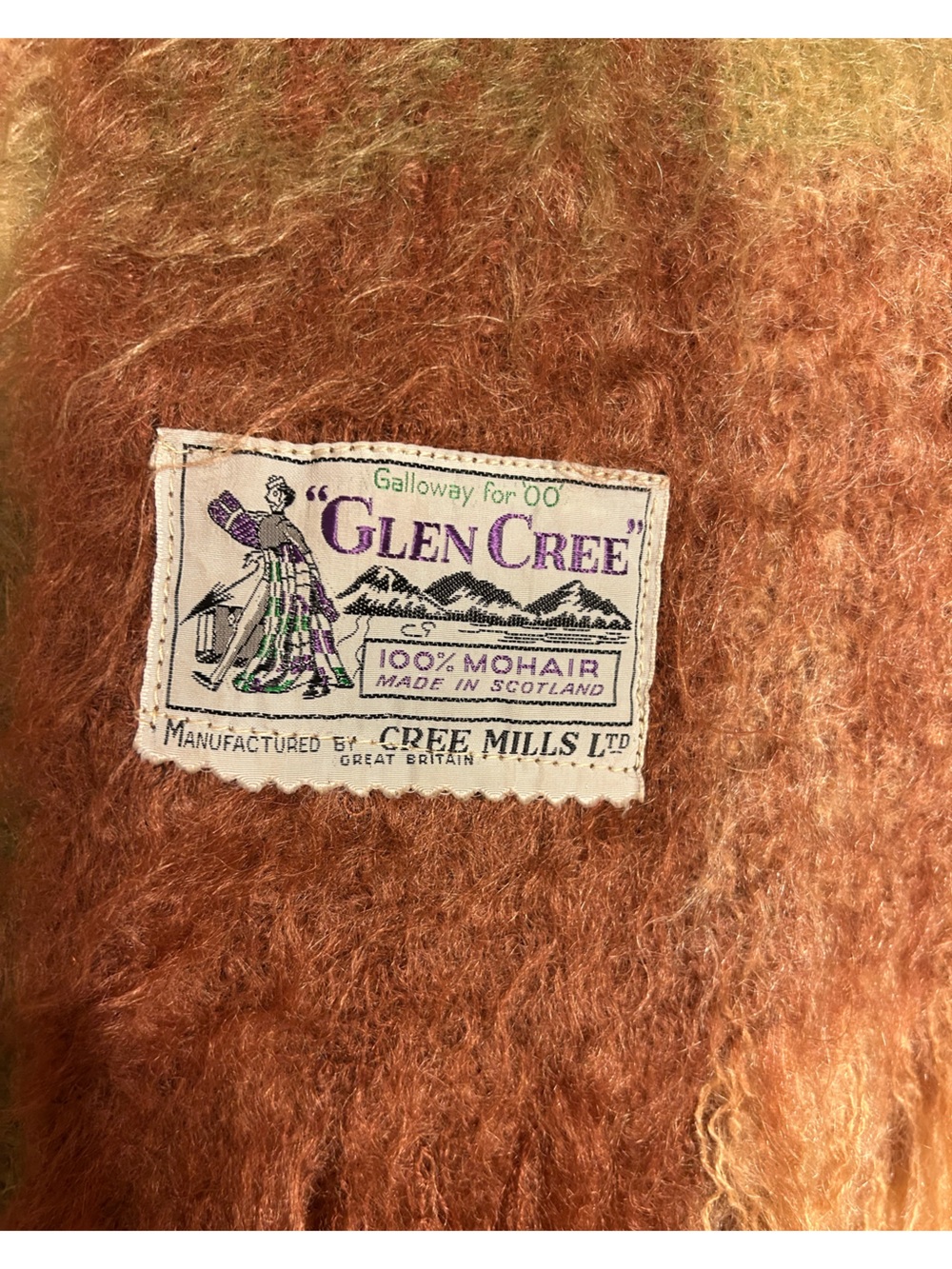 vintage Glen Cree 100% mohair throw blanket manufactured by Cree Mills Ltd 45x72